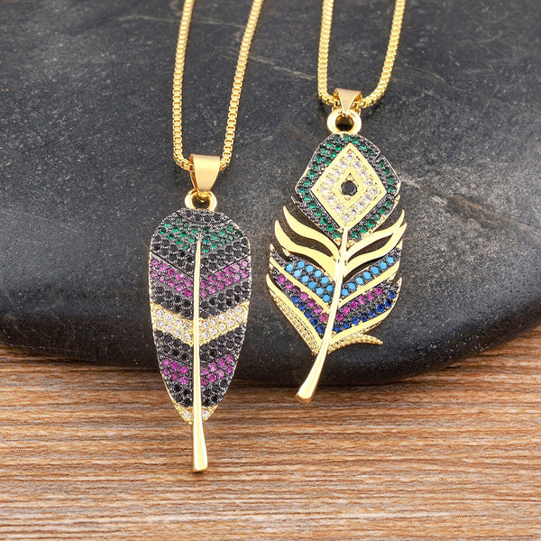 6 Styles Irregular Patterns Elegant Feather Pendant Gold Plated Chain Necklaces For Women