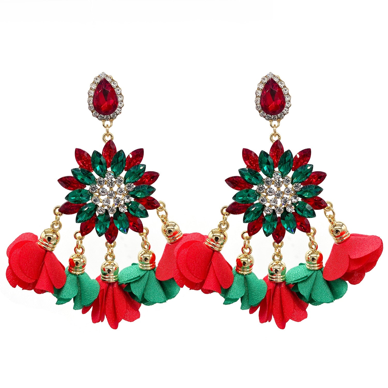 Multicolor Drop Earrings For Women Luxury Rhinestones Crystal Dangle Tassel Flower Big Earrings