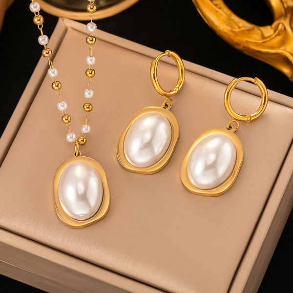 Gold Color Luxury Jewelry Set Imitation Pearl Temperament Necklace Earrings For Women