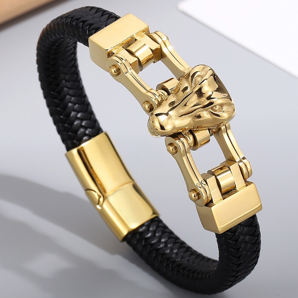 Gold Plated Stainless Steel Crocodile Head Men Leather Bracelets Bangles