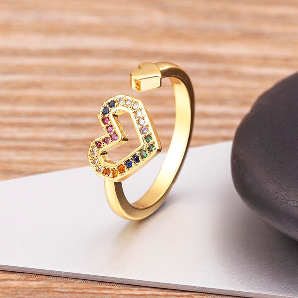 Luxury Rainbow Charm Heart Shape Hollow Cubic Zirconia Cuff Ring Women