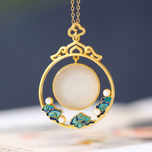 Natural Hetian Jade Round Hollow Enamel Porcelain Pearl Ladies Necklace Pendant