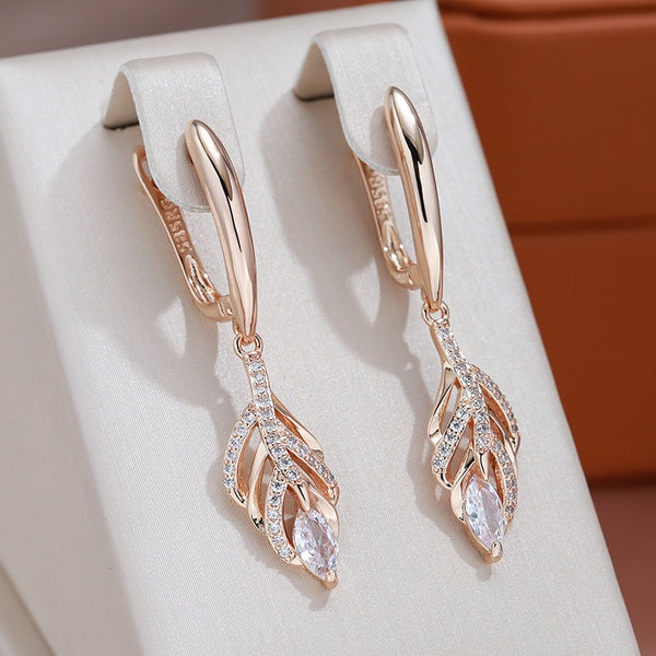 Full Zircon Hollow Leaf Dangle Earrings 585 Rose Gold Color Women