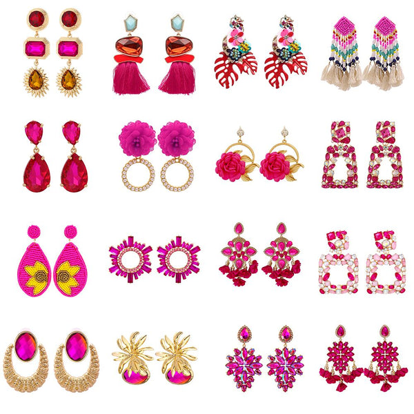 New Korea Fashion Hot Pink Crystal Drop Earrings For Women