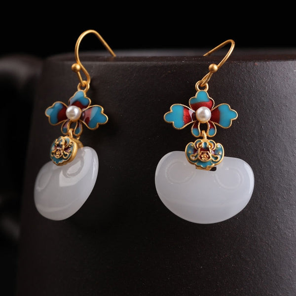 Creative design Ancient gold craft inlaid enamel pearl natural Hotan Jade earrings for women