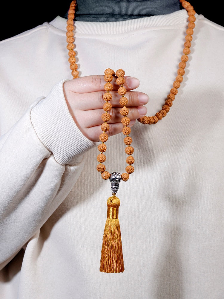 9mm Rudraksha Beaded Knotted Japamala Necklace WithTassel