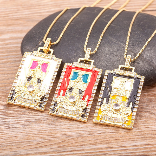 Top Quality Enamel Geometric Square Rainbow Zircon Egyptian Law Old Man Face Lion Body Necklace