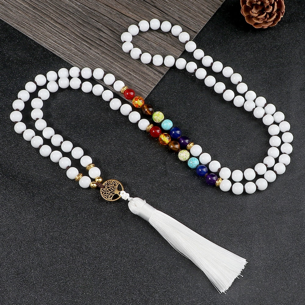 Reiki 7 Chakra Life Tree Necklakce Men Women 8mm Natural White Healing Engry Beads