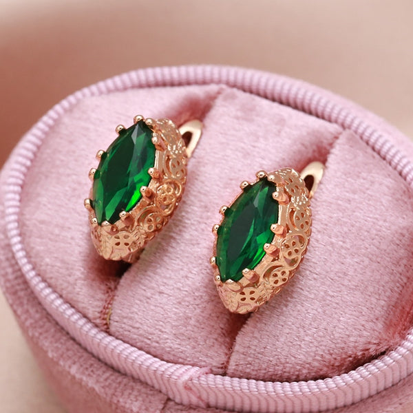 New 585 Rose Gold Green Red Oval Zircon Earring