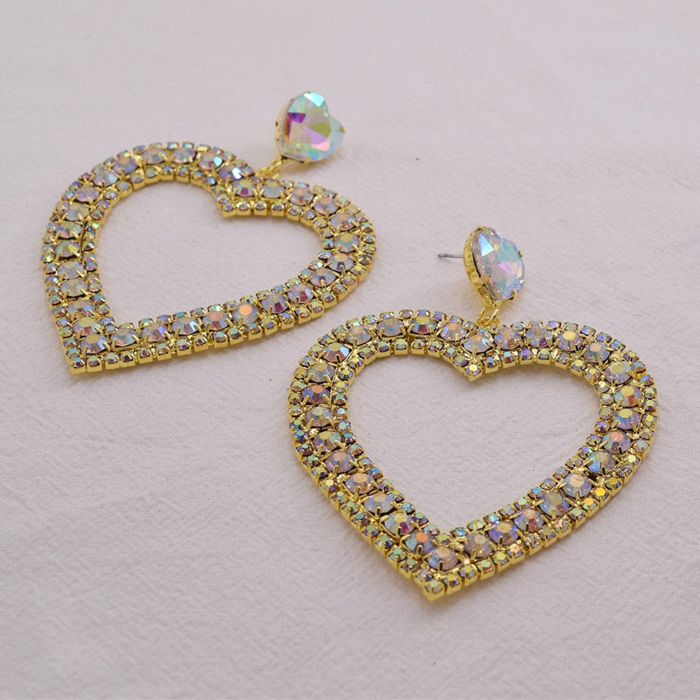 8.5cm Big Dangle Heart Earrings for Women Wedding Jewelry AB Rhinestones Crystal Cute Gift