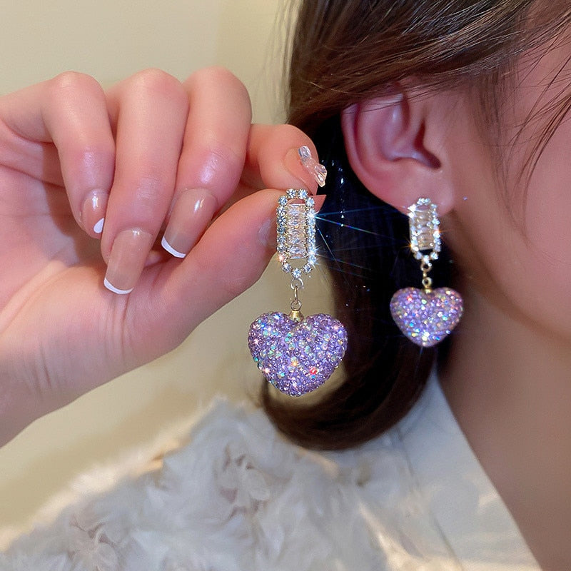 Sweet Purple Love Heart Crystal Dangle Earrings Women Shine Rhinestone Earrings