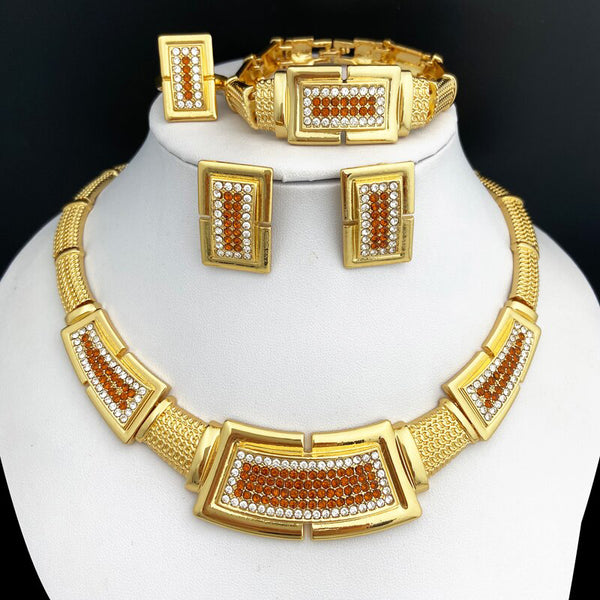 Dubai Gold Color Jewelry Sets Women Necklace Square Earring Big Bracelet