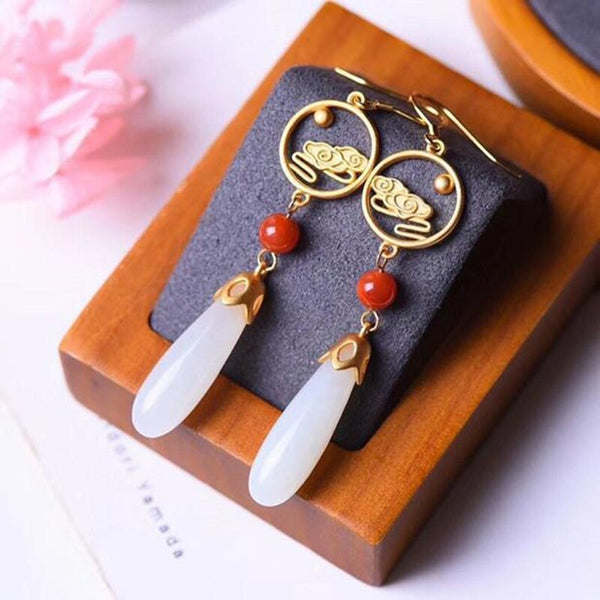 Natural Hetian White Jade Water Drop Hollow Long Earrings