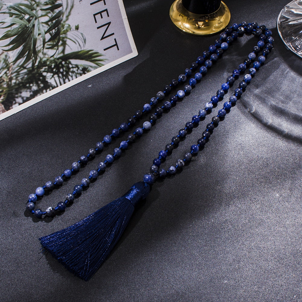 6mm Natural Sodalite Beaded Knotted 108 Mala Necklace