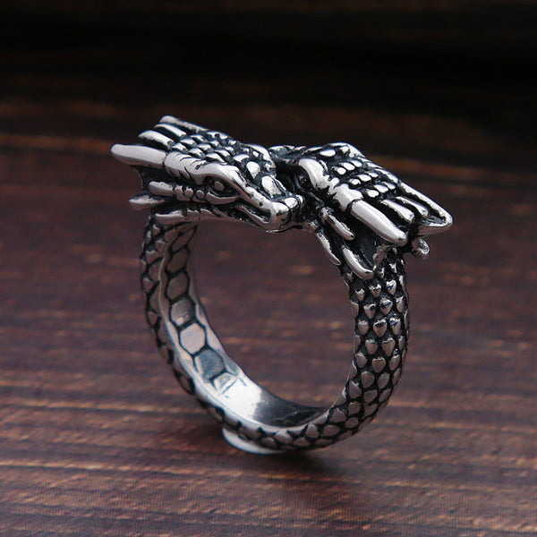 Vintage Stainless Steel Double Headed Dragon Rings for Men Women