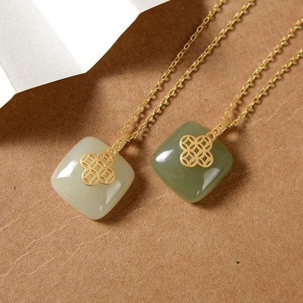 New Natural Hetian Jade Copper Coin Square Necklace Pendant