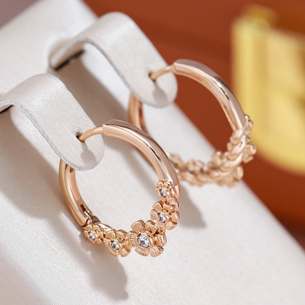 Flower Design Slender 585 Gold Color Hoop Earrings for Women