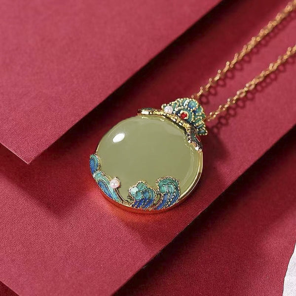 natural Hotan Jade jasper pearl pendant round necklace