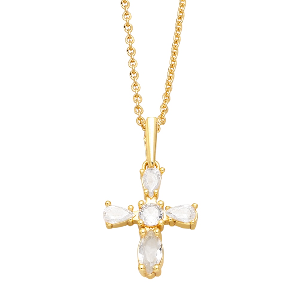 Small Green Crystal Cross Necklace for Women Copper CZ Rhinestone Short Chain Necklaces