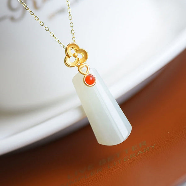 Natural Hetian White Chalcedony Inlaid Southern Red Tourmaline Pendant Necklace