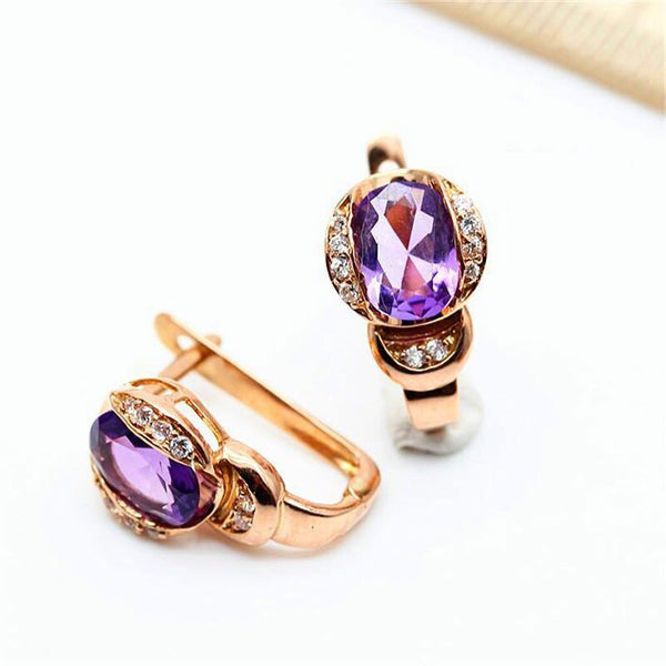 Creative 585 purple gold plated 14K rose gold inlaid oval amethyst earrings for women