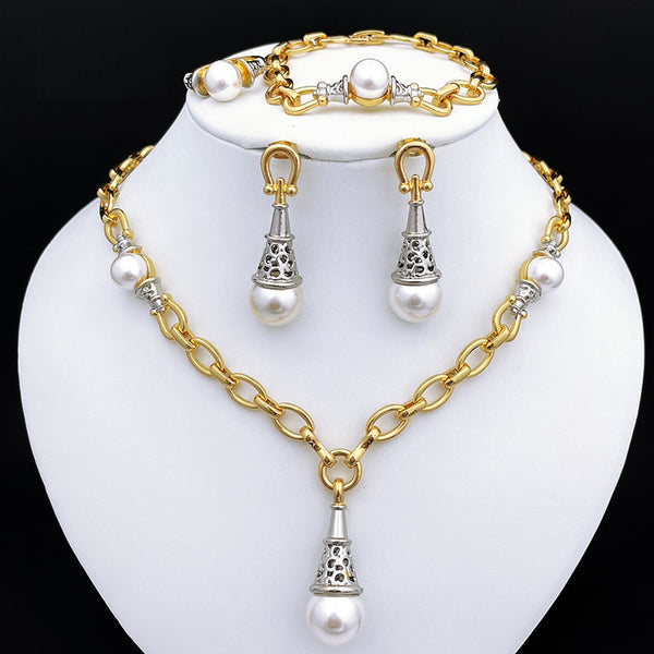 Gold Plated Jewelry Sets Imitation Pearl Necklaces Earrings Charm Bracelet Wedding  Jewelry