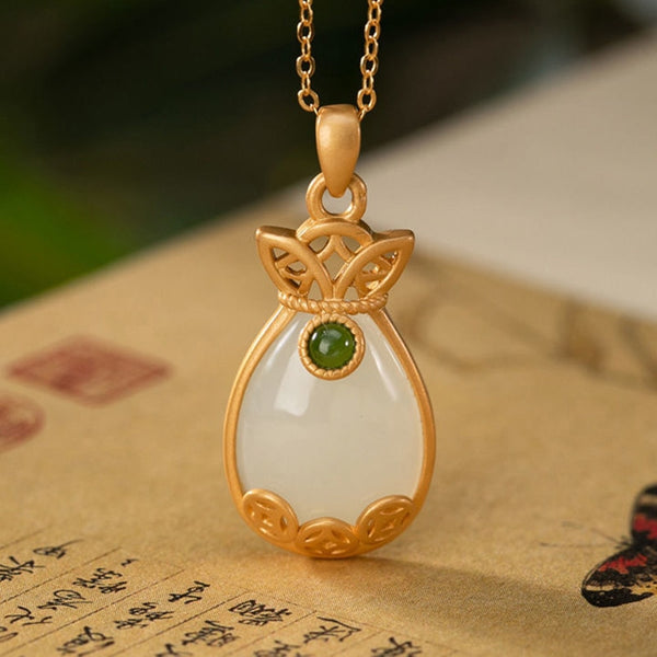 Creative Design Inlaid Natural Hetian White Jade Money Bag Pendant Ladies Necklace