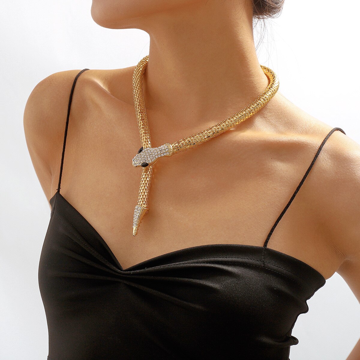 Gold Color Metal Hollow Rhinestone Snake Necklace for Women