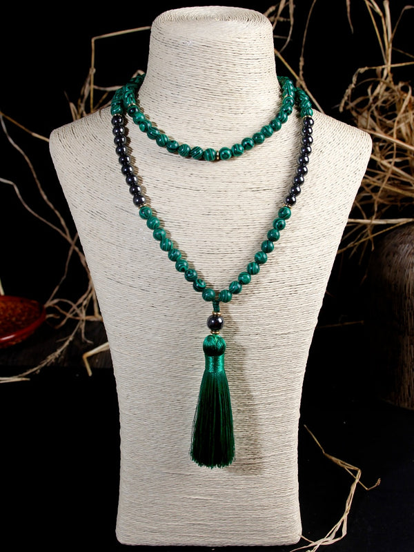 108 malachite stone beads Necklace With Cotton tassel Pendant