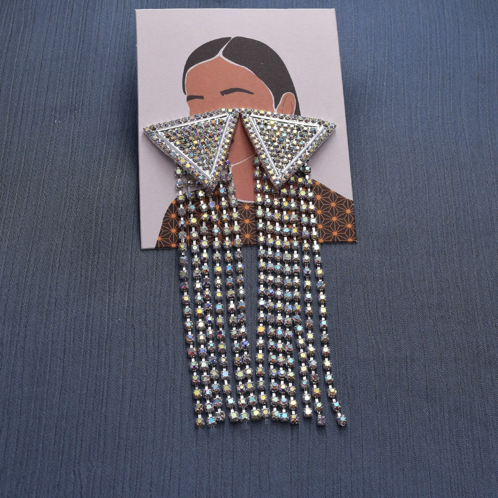 11.8cm Exaggerated triangular metal rhinestones tassel big women earrings