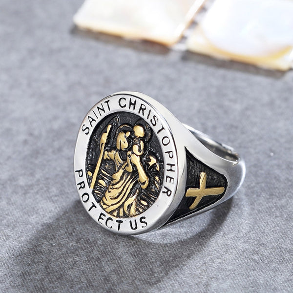 Vintage Stainless Steel Saint Chris Topher Men Ring Punk Biker Christian Virgin Mary Cross Ring