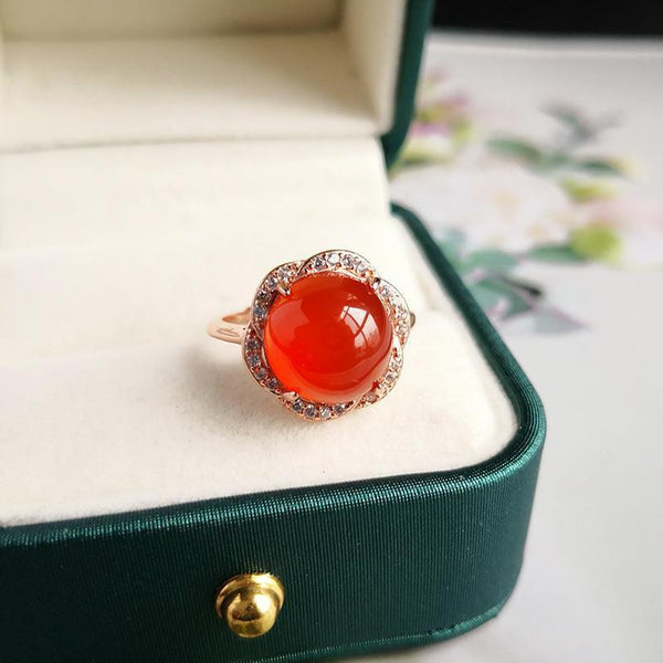 Natural Ice Chalcedony Red Flower Rings for Women