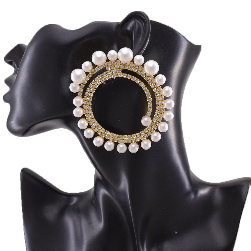 7cm Stud Earring for Women Exquisite Cream Pearl Rhinestones Jewelry