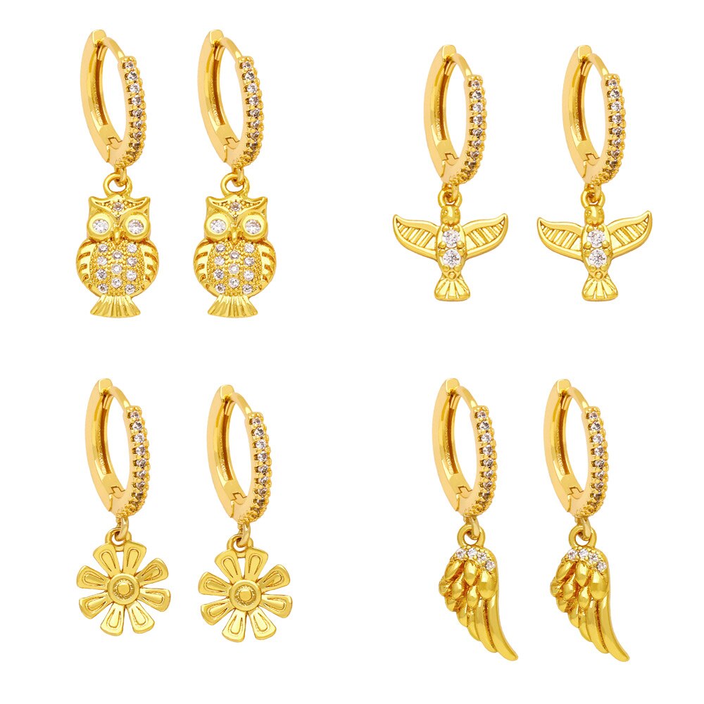 Mini Gold Plated Hoops Owl Earrings for Women Copper Zircon Angel Wings Dangle Earrings