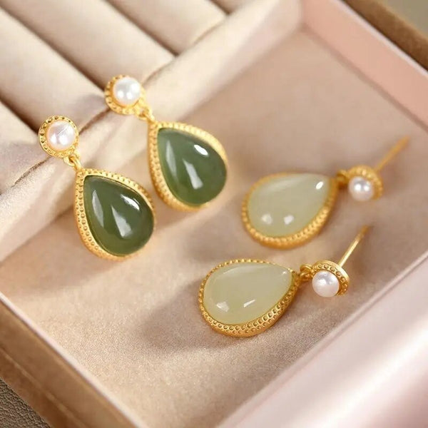 Natural Hotan green chalcedony water drop Earrings