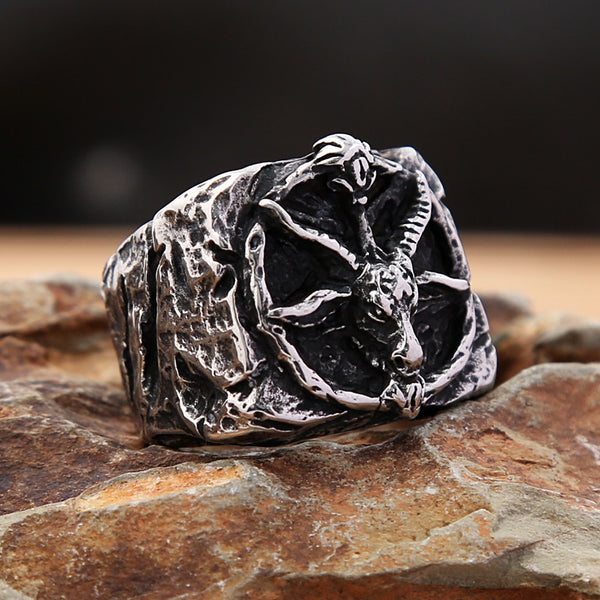 Vintage Satan Goat Skull Ring 316L Stainless Steel Punk Fashion Satan Pentagram Rings