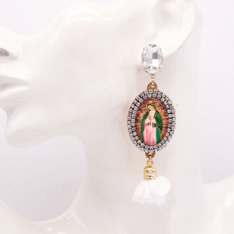 Bohemian Flower Earrings For Women Virgin Mary Earrings Angel Pendant Rhinestone Earrings