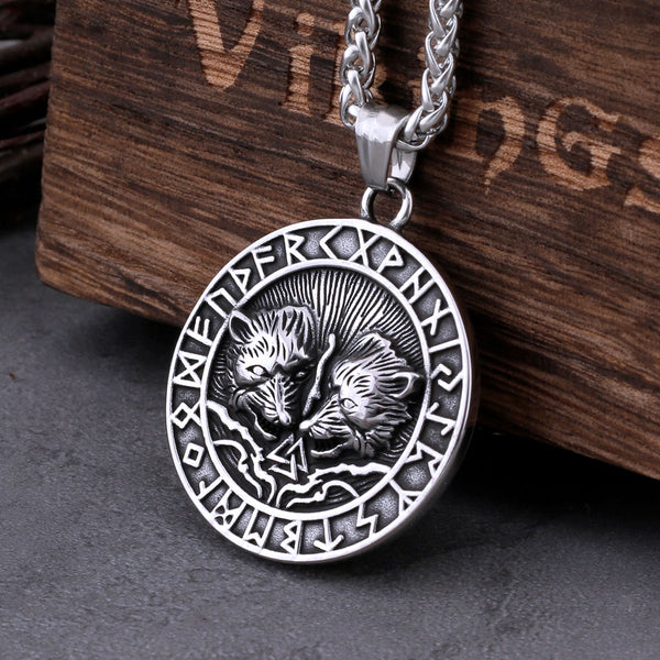 Vintage Vikings Double Wolf Valknut Necklace Stainless Steel Men's