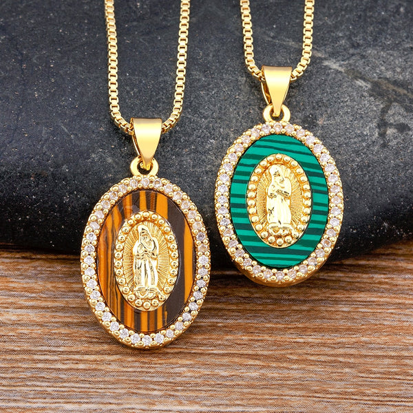 Classic Enamel Candy Colors Oval Shiny Rhinestone Inlaid Virgin Mary Pendant Necklace Women