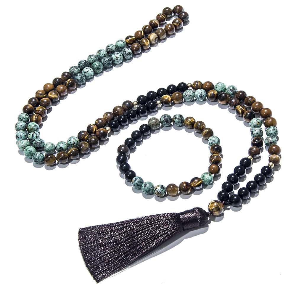 8mm Natural Tiger Eye African Turquoise Black Onyx Beaded Japamala Necklace