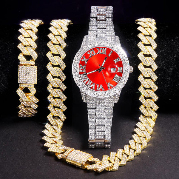 1 KIT Necklace+Watch+Bracelet Hip Hop Rapper Cuban Chain