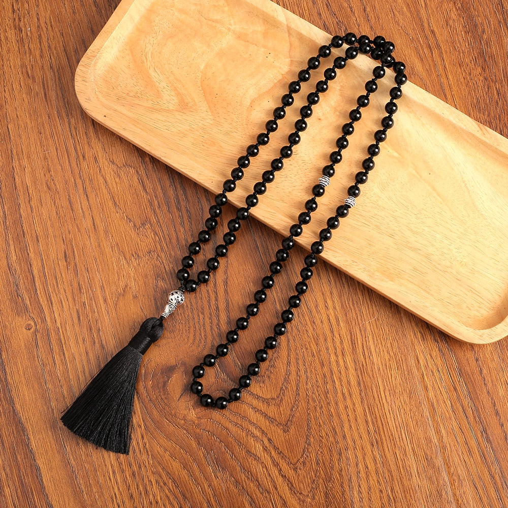 Islamic Muslim Tasbih Prayer 99 Beads  Rosary 8mm Black Onyx Knotted Necklace Bracelet