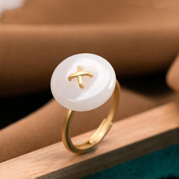 Gold Plated Inlaid Natural Hetian Jade Round Open Adjustable Ring