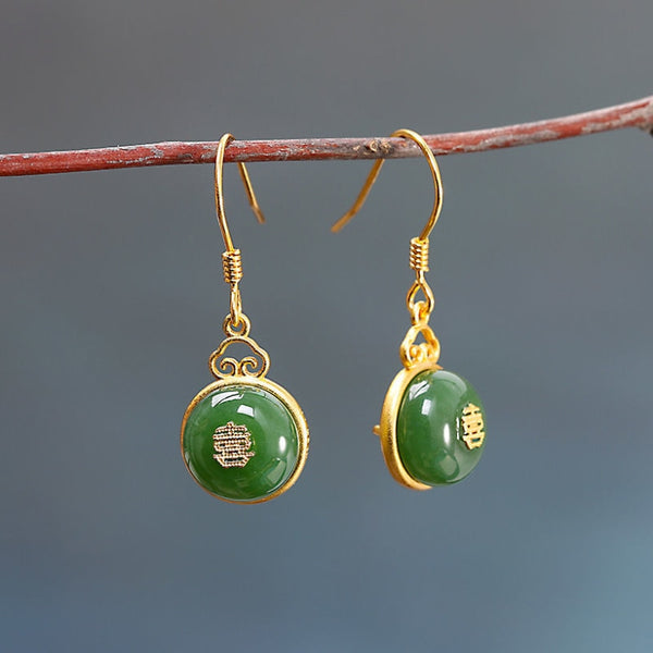 Natural hetian jasper round double joy word earrings for women