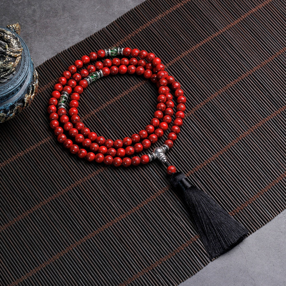 Red Pine Stone Beads necklace 108 suitcase with tassel