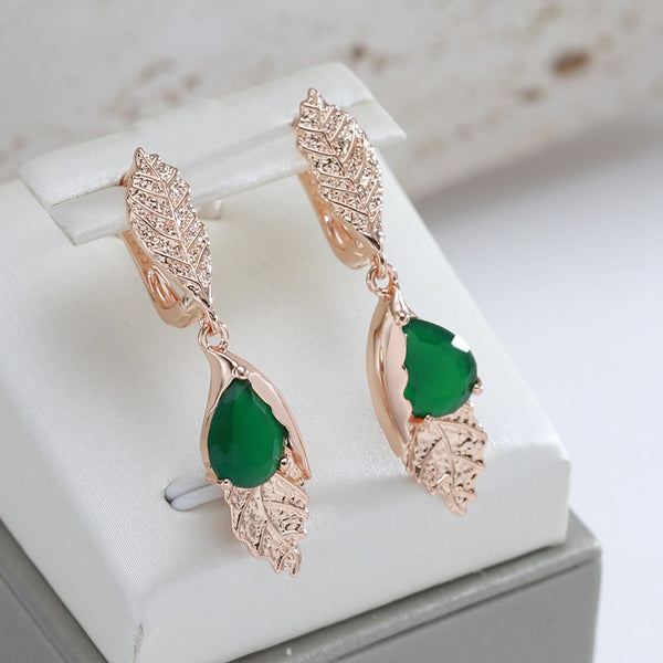 Personality Leaf Texture Drop Cut Green Zircon Dangle English Earrings