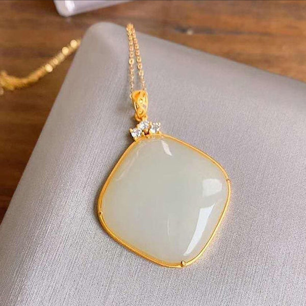 New inlaid natural Hetian white chalcedony geometric pendant necklace