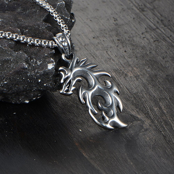 Vintage Stainless Steel Flame Dragon Pendant Necklace Punk Hip Hop Biker Men Pendant