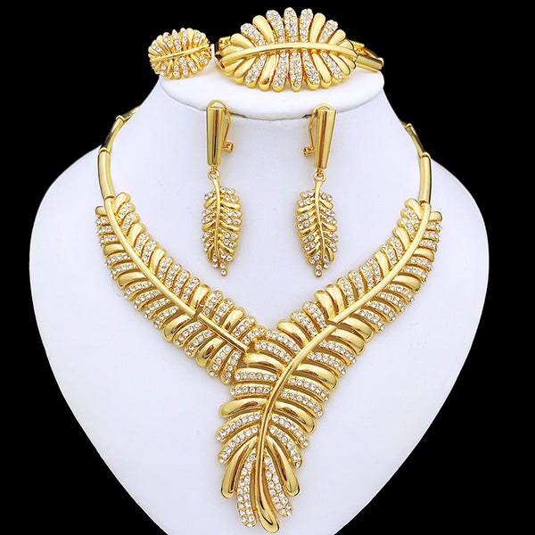 Dubai Gold Color Jewelry Sets For Women Rhinestone Jewelry Necklace And Earrings Set