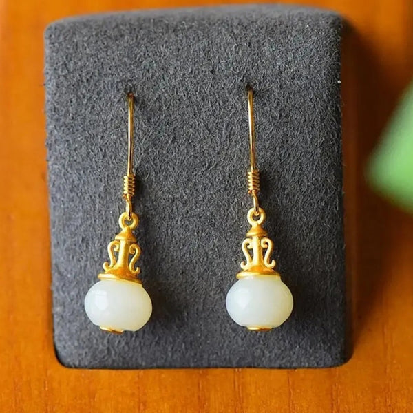 Original Design Inlaid Natural Hetian White Jade Geometric Earrings